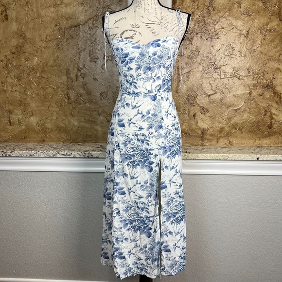 Reformation Juliette Midi Dress Women's 2 Floral Blue White Side Slit Corset - Picture 2 of 12